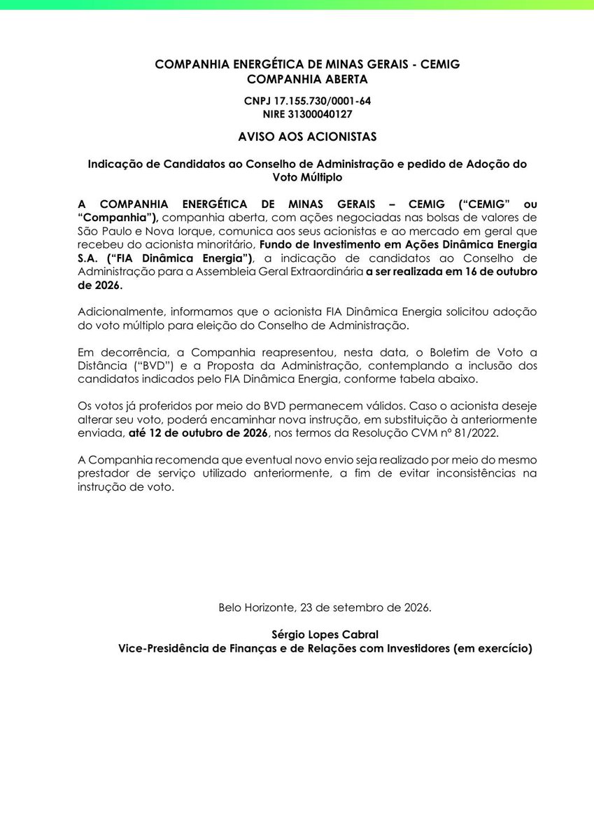 AvisosDaBolsa's tweet photo. CIA ENERGETICA DE MINAS GERAIS - CEMIG - Indicação de Candidatos ao Conselho de Administração e pedido de Adoção do Voto Múltiplo #CMIG3 https://t.co/XBNWC19U8Q