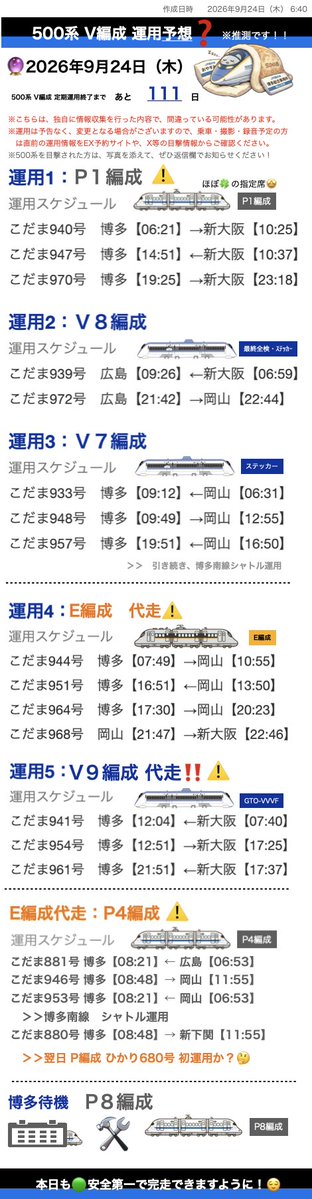 shinkansen24's tweet photo. おはようございます☀️
------------
2026年9月23日(水)：の500系運用【記録】と
2026年9月24日(木)：の500系運用【予想】のまとめ

＋11月30日までの500系の 走行ダイヤ
＋9月の走行予定カレンダーです
　→⚠️本日カレンダーに変更あり！です
　　ですが、５００系フル稼働です！

※10月以降のカレンダーはプロフに固定中です
　→時刻表をまとめたカレンダーはあくまで事前の予定表ですので、狙ってご乗車の方は、必ず当日朝5:30以降のEX予約サイトをご確認ください。
------------

本日は画像の通りの運用となる見込みです！

運用①は⚠️P１編成編成が担当
　→もともと500系の予定でしたが変更ありです！
　ライブカメラと、運用投稿サイトによると、
　P１編成復帰のようですヽ(´o｀；
　
　がんばれP1ちゃん！

運用②は500系V８編成が担当
運用③は500系V７編成が担当

運用④は⚠️700系E編成が担当
運用⑤は⚠️500系V９編成が担当する見込みです‼️

------------

P4編成は、E編成の代走にでており、
EX予約画面上は、こだま880号も
N700系で運転となっていました！

となると、今度こそ、明日は、
P編成によるひかり680号初運用
となる、かも、しれませんね(^◇^;)

------------

これ以降にも変更があるかもしれませんので、
最新の運用状況にご留意ください🥺

------------

YouTubeチャンネルでは
そんな500系の推定位置情報を
リアルタイムに反映した
「500系イマココ！メーター」
を配信中です！

おかげさまで登録者500人達成！
次は1000人を目指しています！！
プロフィールにチャンネルリンクを載せていますので
参考にしていただければと思います☺️

------------
※現在、500系で運転と書かれている時刻表のダイヤは、複雑な車両運用を行なっており、事前の予測が困難です。また、一度運用変更が起きると、その後も変更が連鎖してしまうような状況です。
　引き続き、皆様から500系の目撃情報がありましたら、こちらのポストの返信で、列車名、目撃位置、写真等を添えてお知らせいただけますと幸いです😌

🍀いつもたくさんのリポスト・コメントありがとうございます！！すでに全てのコメントに反応ができておらずごめんなさい💦
　また、画像に対し、センシティブ設定をされている方がいらっしゃるようですが、当アカウントでは表示ができませんのでご了承ください。
🟨🟨🟨🟨🟨🟨🟨🟨🟨🟨🟨🟨🟨

見学・撮影・録音の際は、くれぐれも運行を妨げることのないよう、みなさまお気をつけください‼️
⚠️『黄色い点字ブロックの内側、ふまない位置』からお願いいたします。