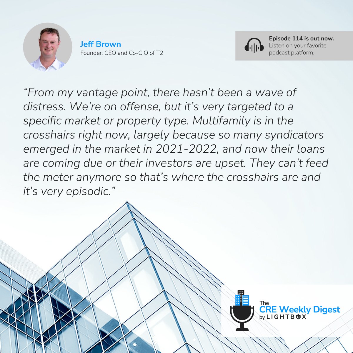 LightBoxRE's tweet photo. CRE is increasingly a tale of two markets.

T2’s CEO Jeff Brown describes a K-shaped CRE market where well-capitalized investors have opportunities to play offense while others are challenged by maturing debt, refinancing pressure, and forced sales.

In Episode 114 of the #CREWeeklyDigest, Jeff joins Manus Clancy and Dianne Crocker to discuss where distress is surfacing, how multifamily’s fundamentals vary by metro, and what separates the winners and losers in student housing.

Listen Now: https://t.co/IScV1AUAuh

#CommercialRealEstate #CRE #Multifamily #CREInvesting @LightBoxRE @dpcrocker @CommercialRecap