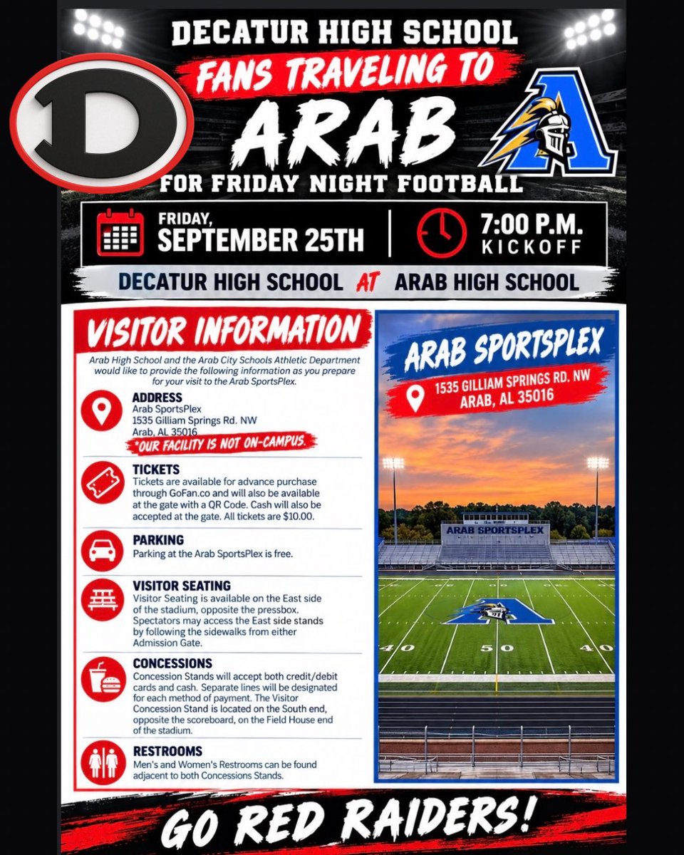 dhsfoot_ball's tweet photo. Information for Decatur Fans traveling to Arab on Friday, September 25th https://t.co/vAMcHijyhe