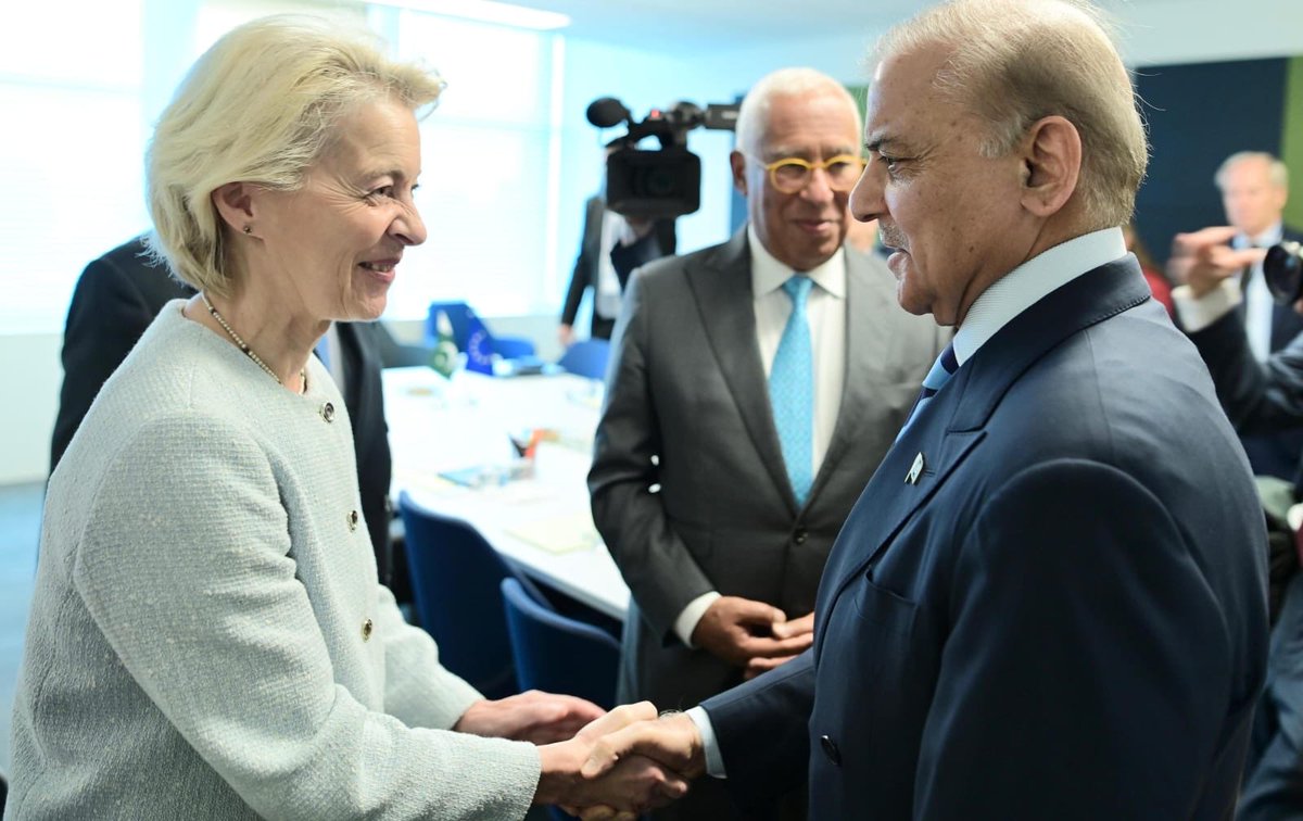 CMShehbaz's tweet photo. Had the pleasure of meeting the President of the European Council H.E. Mr. Antonio Costa, and the European Commission President H.E. Ursula von der Leyen, on the sidelines of UNGA in New York.

We had a productive exchange on the growing Pakistan-EU partnership and agreed on the importance of sustained high-level engagement to further deepen our cooperation.

I underscored the vital importance of GSP+ for Pakistan’s trade, economic growth and employment, and reaffirmed our commitment to continued engagement with the EU under this important framework.

We also exchanged views on regional and global developments, underscoring the need for dialogue, diplomacy, respect for international law and peaceful resolution of disputes.

I look forward to welcoming both Presidents to Pakistan and working closely with the EU leadership to take our mutually beneficial partnership to new heights.