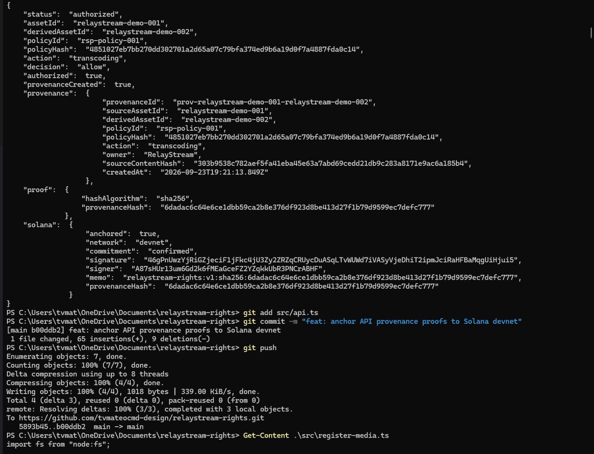 RelayStream_org's tweet photo. Day 10 — RelayStream Rights ⚡

BIG STEP TODAY:
 connected media authorization, provenance, Solana proof, and royalties into one workflow.

ALLOW → Provenance → Solana → Royalty Allocation

✅ Machine-readable rights verification
✅ Authorized action creates cryptographic provenance
✅ Provenance proof anchored to Solana Devnet
✅ Confirmed transaction returned through the API
✅ Authorized usage creates a 60/20/10/10 royalty allocation
✅ DENY = no provenance, no Solana anchor, no royalty event, $0 allocated

THE GOAL: 
digital media rights that software and AI agents can actually understand and act on.

DECIDE → ACT → PROVE → ANCHOR → ALLOCATE

Building RelayStream Rights for the @Colosseum Crypto World’s Fair.

Programmable Media Rights Infrastructure on Solana. ⚡