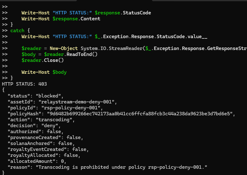 RelayStream_org's tweet photo. Day 10 — RelayStream Rights ⚡

BIG STEP TODAY:
 connected media authorization, provenance, Solana proof, and royalties into one workflow.

ALLOW → Provenance → Solana → Royalty Allocation

✅ Machine-readable rights verification
✅ Authorized action creates cryptographic provenance
✅ Provenance proof anchored to Solana Devnet
✅ Confirmed transaction returned through the API
✅ Authorized usage creates a 60/20/10/10 royalty allocation
✅ DENY = no provenance, no Solana anchor, no royalty event, $0 allocated

THE GOAL: 
digital media rights that software and AI agents can actually understand and act on.

DECIDE → ACT → PROVE → ANCHOR → ALLOCATE

Building RelayStream Rights for the @Colosseum Crypto World’s Fair.

Programmable Media Rights Infrastructure on Solana. ⚡