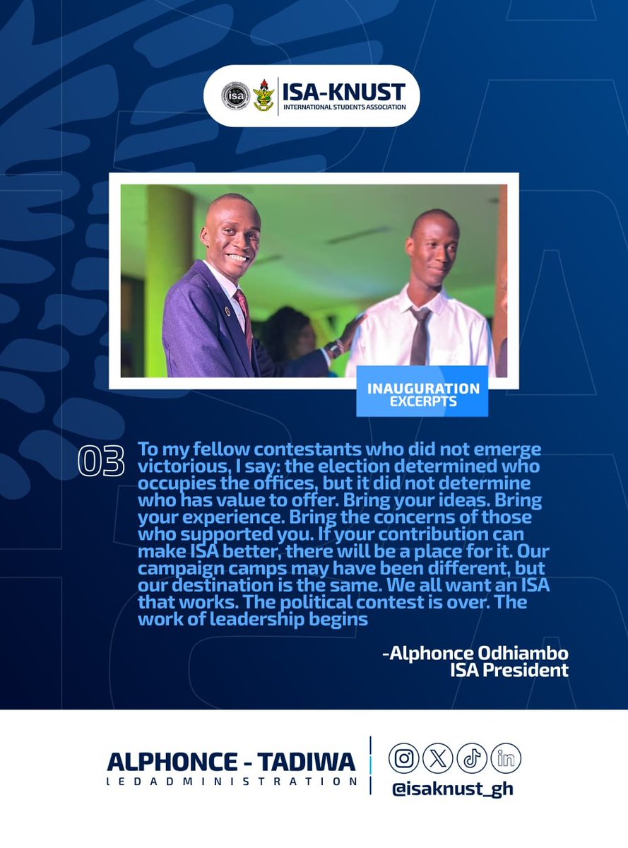 ALPHONEODHIAMBO's tweet photo. 𝐓𝐡𝐞 𝐈𝐒𝐀 𝐃𝐫𝐞𝐚𝐦 𝐢𝐬 𝐚 𝐑𝐞𝐚𝐥𝐢𝐭𝐲. 🤍

“As President Barack Obama once said,Change will not come if we wait for some other person or some other time. We are the ones we've been waiting for. We are the change that we seek.’”

#ISAInaugurationExcerpts 
@isaknust_gh https://t.co/0wnJI08hkY
