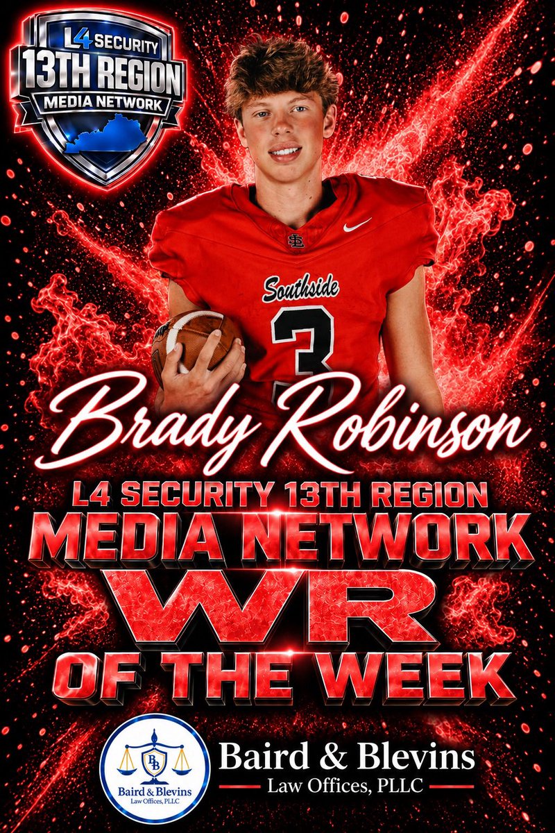BoysGirls13th's tweet photo. 🏈🔥 WEEK 5 WIDE RECEIVER OF THE WEEK 🔥🏈

Congratulations to Brady Robinson of South Laurel, our L4 Security 13th Region Media Network Wide Receiver of the Week for Week 5!

Brady turned in a standout performance for the Cardinals and earns this week’s recognition with his play at wide receiver.

👏 Congratulations, Brady, on a well-deserved honor!

A special thank you to Baird & Blevins Law Offices, PLLC for supporting our student-athletes and sponsoring this weekly recognition.

#13thRegion #Week5 #WROfTheWeek #Football #SouthLaurel #Cardinals #BradyRobinson #BairdAndBlevins