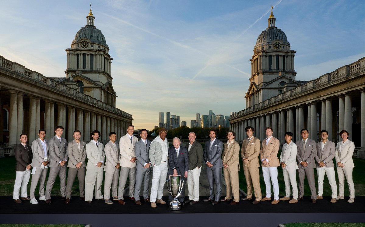 LaverCup's tweet photo. A moment in time 🏆

Team Europe and Team World together at the Greenwich Meridian line for Laver Cup London 2026.

#LaverCup #TennisUnrivaled https://t.co/cPltWYYEmp