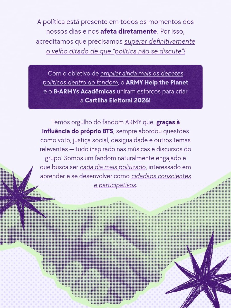 ARMY_HTP's tweet photo. Está disponível a Cartilha Eleitoral 2026, fruto da parceria da B-Armys Acadêmicas com o Army Help The Planet!

Que ela seja uma ferramenta valiosa de conhecimento para você brilhar nas urnas nessas eleições! 💜✨

Acesse: https://t.co/BxOMIPB9wj

Com carinho,

Equipe BAA e AHTP

#PolitizArmy #ArmyNasUrnas #TiraOTítuloArmy