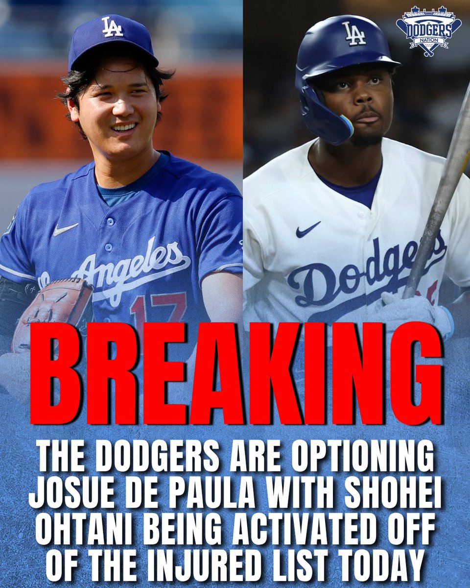 DodgersNation's tweet photo. BREAKING: The Dodgers have optioned Josue De Paula back to Triple-A and activated Shohei Ohtani off the IL, per LA’s transaction log🚨

Tarik Skubal has also been activated off the bereavement list.

Hope to see JDP back soon. https://t.co/7ox73Nk563