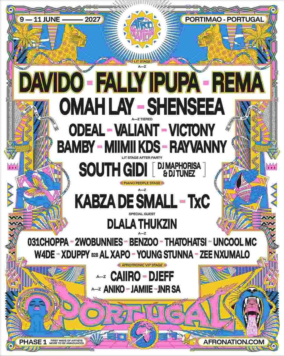 PeakStan1's tweet photo. 🔴Afro Nation Portugal 2027 has revealed its first lineup🇵🇹🔥

Davido, Rema and @fallyipupa01  lead the bill, alongside Omah Lay, Victony, Shenseea, Rayvanny and more.

The festival returns to Praia da Rocha in Portimão from June 9–11, 2027.

#AfroNation #FallyIpupa #Davido #Rema https://t.co/duAV1e5quz