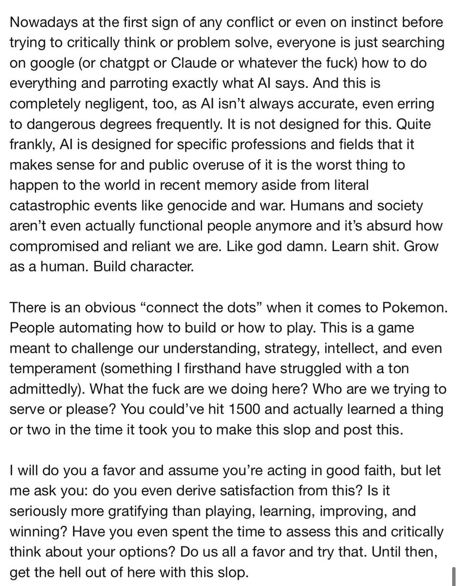 Finchinator2's tweet photo. Someone tried to make an AI tool that analyzed team building. 

Let me be clear: NOTHING can compete with human understanding and intellect in this regard. There are infinite possibilities. Don’t put out slop. 

This is my response when the person asked me why I disliked it. https://t.co/b7YQQMxohU