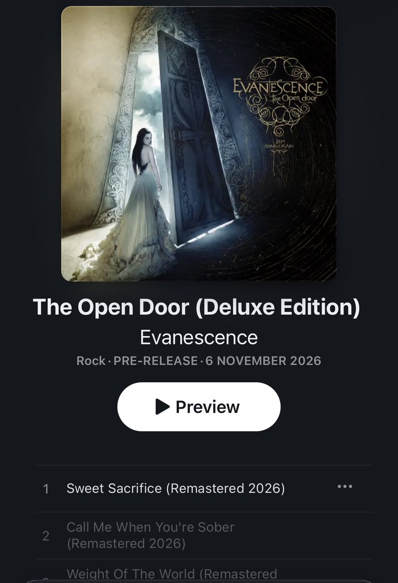 EVChartsBR's tweet photo. 🚨🚨🚨🚨 OFICIAL! 

Versão de 20 anos do The Open Door remasterizado será lançado dia 06 de Novembro.

‘Sweet Sacrifice Remastered’ que já está disponível na Nova Zelândia será lançado nessa meia noite no Brasil! 

Confira a capa e tracklist: https://t.co/XdG8LiaHef