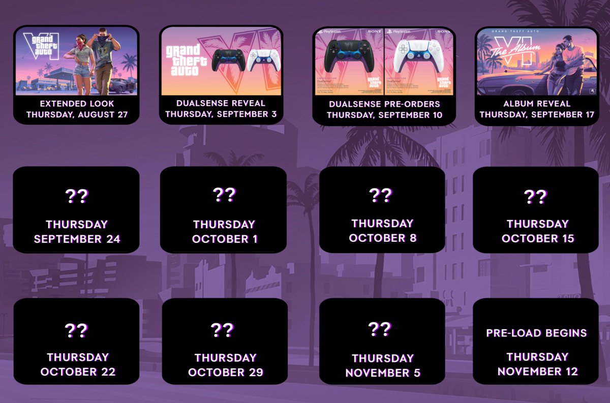 GTAVI_Countdown's tweet photo. There are only 8 Thursdays left until the GTA 6 launch, so it’s reasonable to expect a new announcement every Thursday leading up to release.

In fact, there has been a new announcement every Thursday since the Extended Look on August 27:

- September 3: Limited Edition DualSense reveal
- September 10: DualSense pre-orders
- September 17: Album announcement and pre-orders

On the last Thursday before release (November 12), pre-loading will begin.