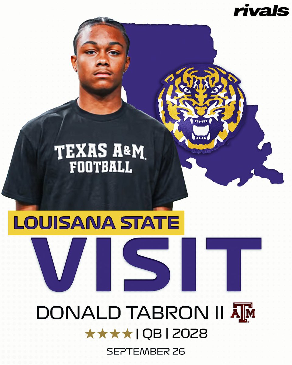 Rivals's tweet photo. Texas A&amp;M elite QB commit Donald Tabron II will be visiting LSU this weekend, @samspiegs reports🐯

Tabron II ranks No. 26 NATL. (No. 3 QB) in the 2028 class.

Read: https://t.co/Z9qlx4QXLl https://t.co/wOhbkYaHAq