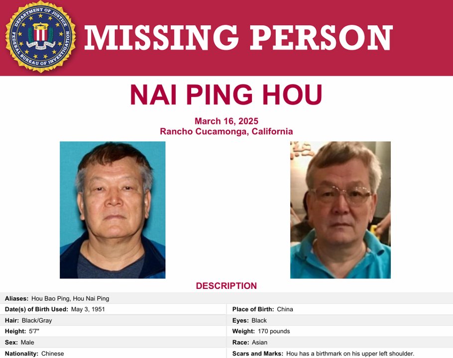 FBILosAngeles's tweet photo. The #FBI and @sbcountysheriff are investigating the suspicious disappearance of Nai Ping Hou and are asking for the public’s assistance in locating him.  He has been missing since March 16, 2025, and was last seen in Rancho Cucamonga, California.  Possible foul play is suspected, as his bank accounts were depleted prior to law enforcement being notified about his disappearance.  If you have information about this case, please contact the FBI at 1-800-CALL-FBI or at https://t.co/4Fu3GEX2Gz.  Learn more: https://t.co/keaERzs5fu