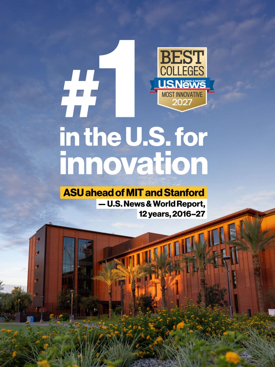 michaelcrow's tweet photo. Twelve years as No. 1 in innovation.

This recognition is a testament to the hard work of our ASU community. They are dedicated to finding better ways to enhance access, improve learning and solve complex problems.

Great work by our faculty, staff, students, donors and partners. https://t.co/1vl8yaPDVi