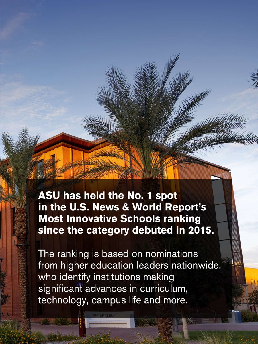 michaelcrow's tweet photo. Twelve years as No. 1 in innovation.

This recognition is a testament to the hard work of our ASU community. They are dedicated to finding better ways to enhance access, improve learning and solve complex problems.

Great work by our faculty, staff, students, donors and partners. https://t.co/1vl8yaPDVi