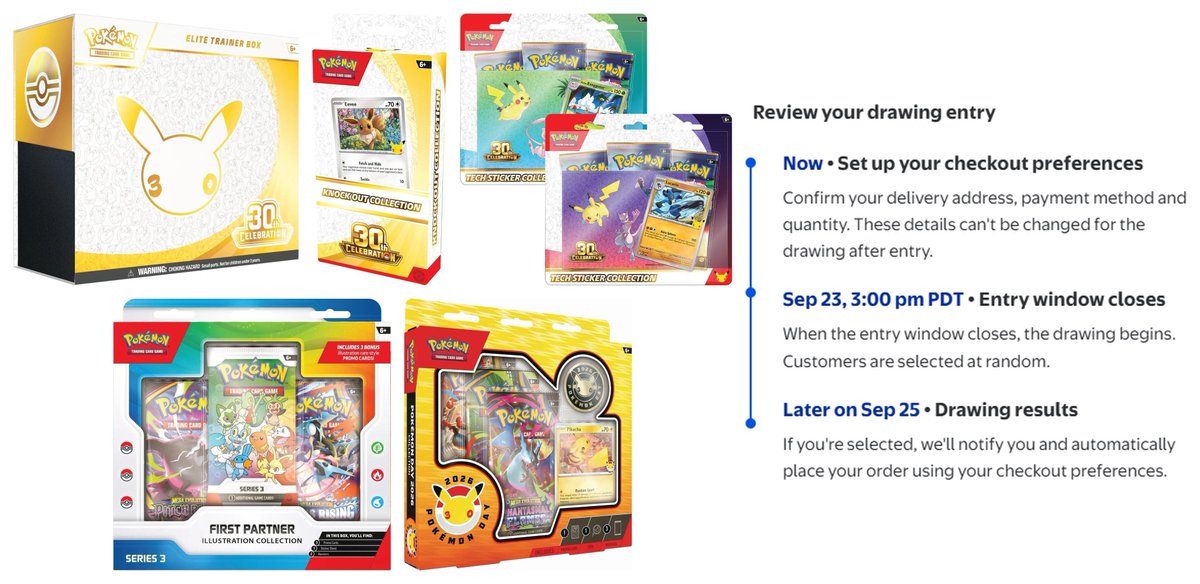 PokemonDealsTCG's tweet photo. 30th Celebration Drawing Results Confirmed on 9/25✨

All Pokemon TCG Drawings
➡️https://t.co/dmkbVB894I

We'll post when any new drawings are scheduled. Let us know if you end up getting orders in from today's drawing!

Direct Product Links:
30th Celebration ETB
https://t.co/GE4aACBdmX
30th Knock Out Collection 4ct
https://t.co/6BRQcvlWZT
30th Tech Sticker
https://t.co/E08n39FpDI
First Partner Illustration Series 3
https://t.co/ipc55oDYkn
Pokemon Day 2026 Collection
https://t.co/z7XdrBymAS

We are watching for any other online drops in the near future, including Pokemon Center. Follow for more alerts + updates⚡️

#Pokemon #PokemonTCG #AD