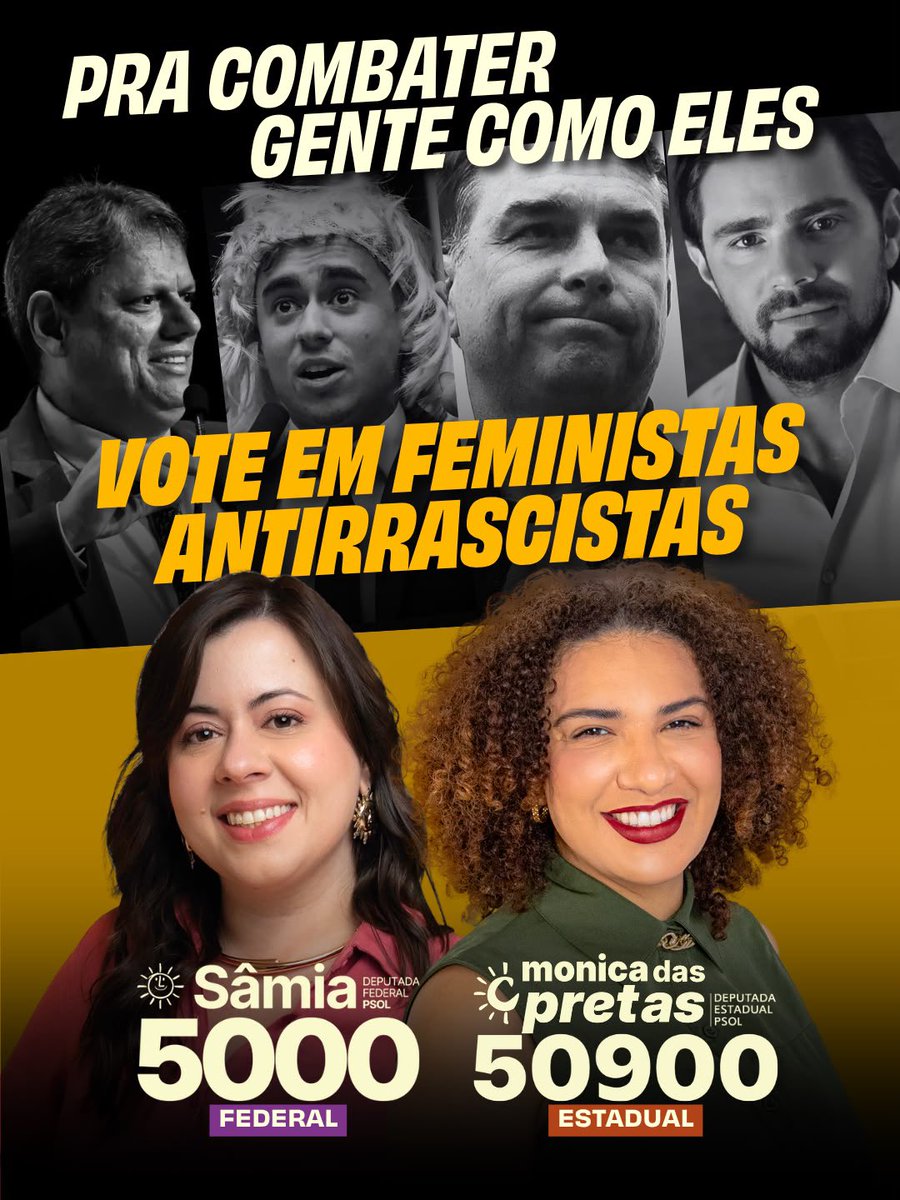 samiabomfim's tweet photo. Pra derrotar a extrema direita, vote em feministas antirracistas: pra federal é Sâmia 5000 e pra estadual é @MonicaSeixas 50900! https://t.co/8pXX8vxU7n