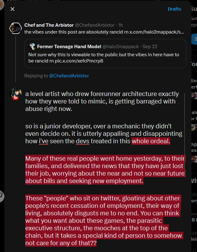 m1ghtyboy's tweet photo. I may be screaming into a void here, but something needs to be said about the abhorrent behaviour directed towards our recently parted #Halo developers following the Activision news. 

Much love to the team, both departed and those assisting with transition &amp; future support. https://t.co/r4nEUlpO4P