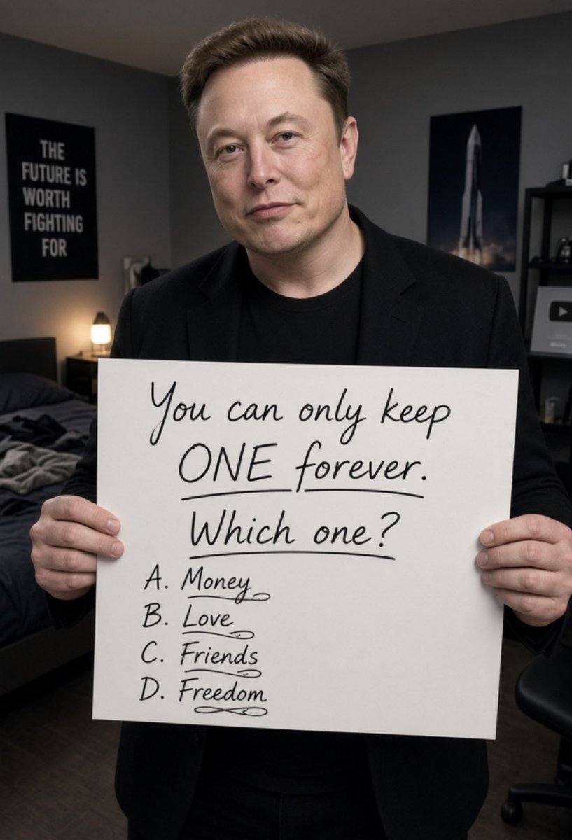 dogefather65355's tweet photo. You can only keep ONE forever. Which one?

A. Money
B. Love
C. Friends
D. Freedom https://t.co/k0OhzueWwA