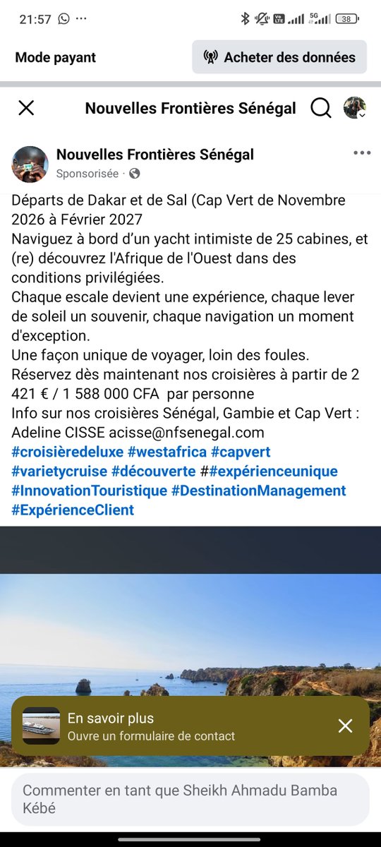 TheBoyXa's tweet photo. Nouvelle activité trendy en vue pour la jeunesse dorée et la vieillesse huppée de Dakar: croisière Dakar - Sal (Cap Vert).
En tant que premier "influenceur croisière" de ce pays j'exige que Nouvelles Frontières initie un partenariat et m'invite. 
Qui a leurs contacts ? https://t.co/2O2UHKJ2wb