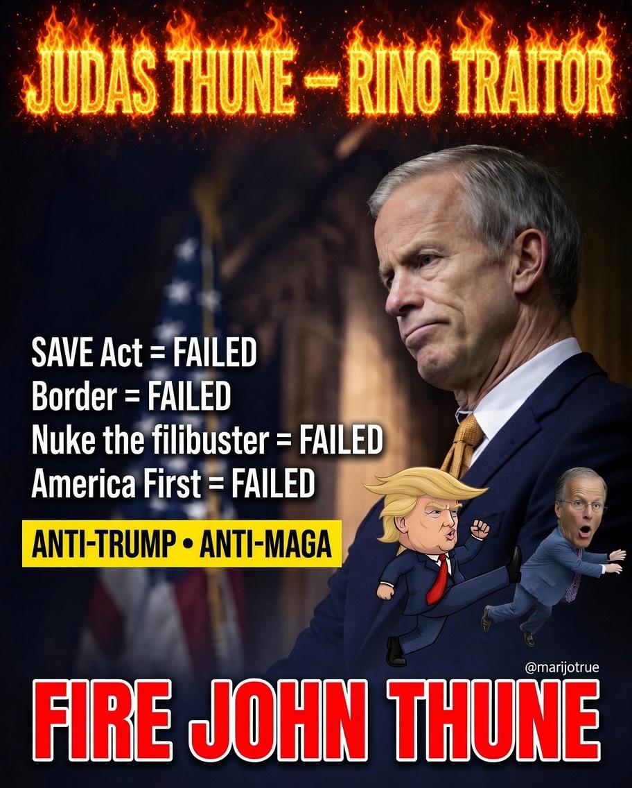 TheFloridaMike's tweet photo. John Thune is deliberately spitting in the face of President Trump and the people that voted Republican with his obstruction. We need to stay loud in our opposition to him!
Who else wants to see that traitor Thune fired as Senate Majority Leader, then beaten in a primary in 2028? https://t.co/uDEKnsWA5p