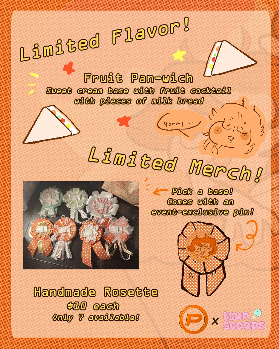 PanRanger_Info's tweet photo. Limited Flavors and Merch for Pan Ranger x tsunscoops

Flavor: Fruit Pan-wich 🍑
A sweet cream base with fruit cocktail
With pieces of milk bread!
*This flavor comes with 1 handshake event ticket!

More information in the relies about the Handmade Rosettes for this event! https://t.co/xj6nUKa55J