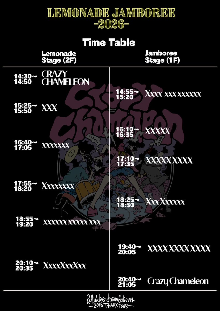 CrazyChameleon4's tweet photo. 9/27(日) 
中野MOON STEP  
"Lemonade Jamboree 2026"
Rollin'days dream Believer
-20th THANX TOUR- 

w/
Bad Attack 
FrisBeeDog 
HOW
jammed loony bin
NEED LEAD USER
NINJA BOYZ
OWEAK
Ratchild
smoothy
Take out bright

FOOD
バングイバオベ

PHOTO
madoka

レーザー刻印SHOP：WiRELESS
②へ https://t.co/rV9tvlSbZ0