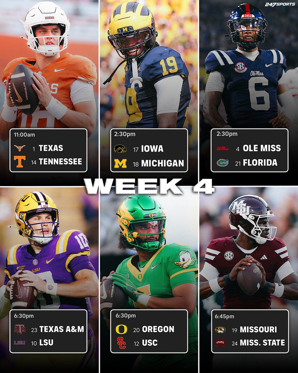 247Sports's tweet photo. Week 5 has SIX top 25 matchups 👀🤯

which ones will you be tuned into? https://t.co/kpF9N1hSYO