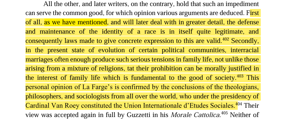 CiviltaChristi's tweet photo. Later on in the publication, Father Hinwood elucidates the permissible nature of racial preservation within a Catholic paradigm, and that the social prohibition of miscegenation is a legitimate impediment that is capable of being established for the purpose of benefiting the common good. (pg. 89 - 95)