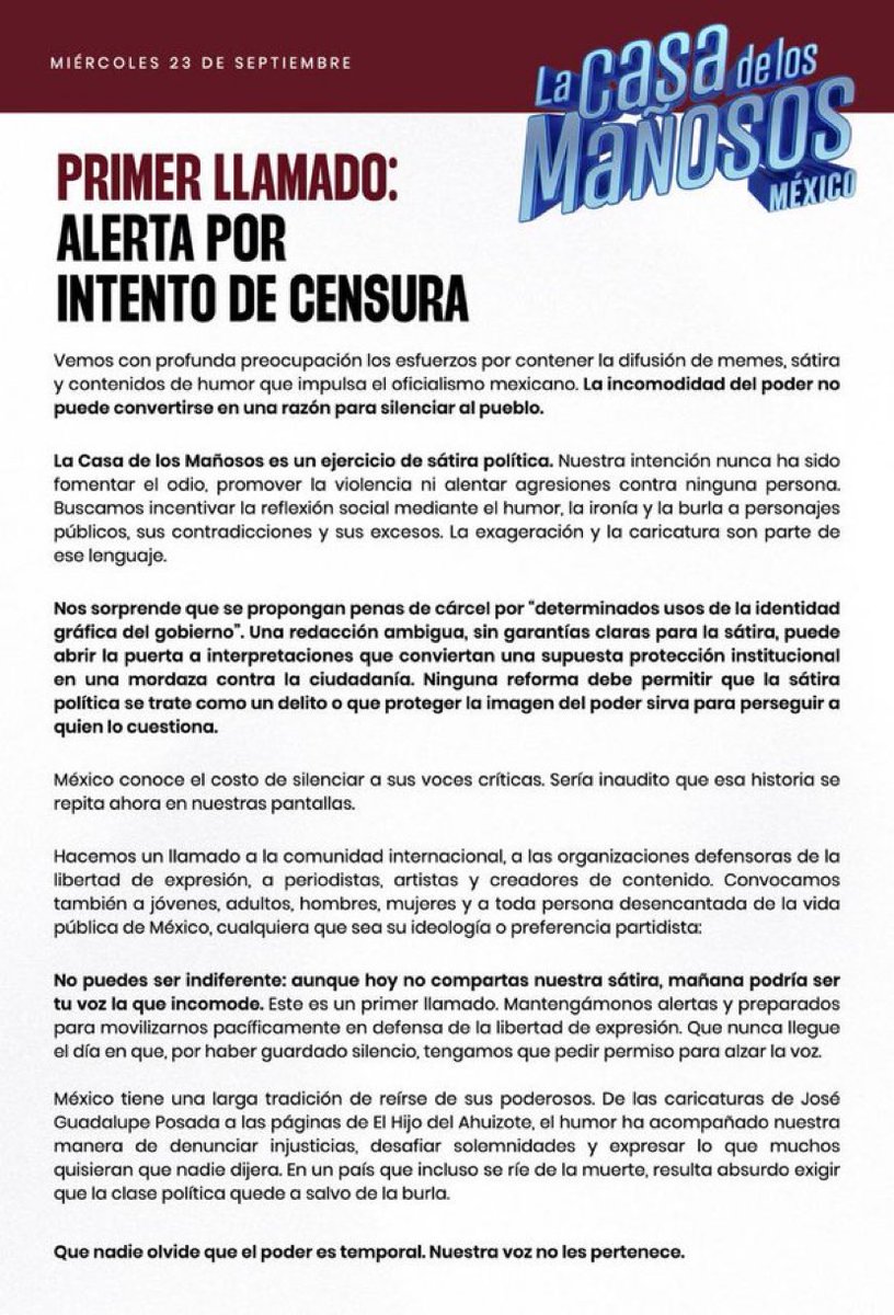 qtf's tweet photo. La sátira “La casa de los mañosos México” acusa intento de censura en la propuesta de ley sometida al Congreso por la presidenta Claudia Sheinbaum, que comprometería a las plataformas digitales a “filtrar” contenido que podría ser sátira política.

#LibertadDeExpresión https://t.co/PkXbnmefT9