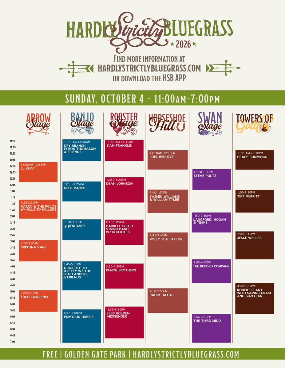 HSBFest's tweet photo. We draw your attention to the 2026 Schedule page on our website for listings by day, alphabetical listings by artist name, and a daily schedule grid. Also download the very useful Print At Home schedule.
Details: https://t.co/XzppfuV1yl
#HSB26
#hardlystrictlybluegrass https://t.co/fzATzz7e4I
