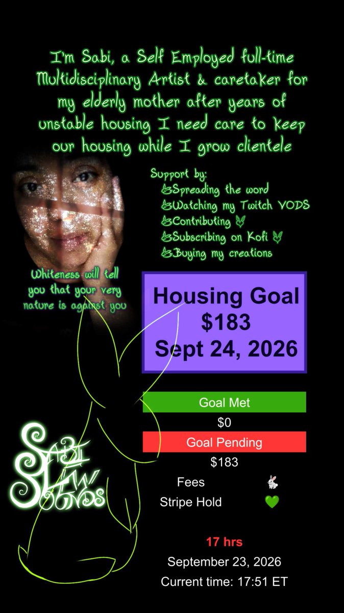toadlyturtle's tweet photo. For Sabi & elderly mom
Disabled Brown family
$183 Housing by 11AM ET
Bank overdrafted $96
$20 tonight helps them get some laundry done
kofi: sabilewsounds
PPal: SabiLewSounds
Linktree: sabilewsounds
π
Vnm: toadlyturtle
CA: toadlyturtle
*Add note* "Sabi"
#MutualAid #ALT4me https://t.co/fJaGp7Mt6f