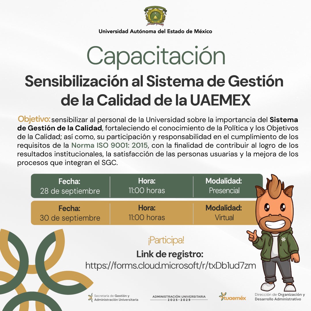 DODAUAEMex's tweet photo. 📢 ¡Atenta invitación!

Curso “Sensibilización al Sistema de Gestión de la Calidad de la UAEMEX”.

🗓️Consulta el día, modalidad y participa.

🔗Link de registro: https://t.co/jYADFFU1mz

Para mayores informes comunícate al teléfono: 722 2 2611 61 ext. 2503 0 2505. https://t.co/kwxzIAHrtn