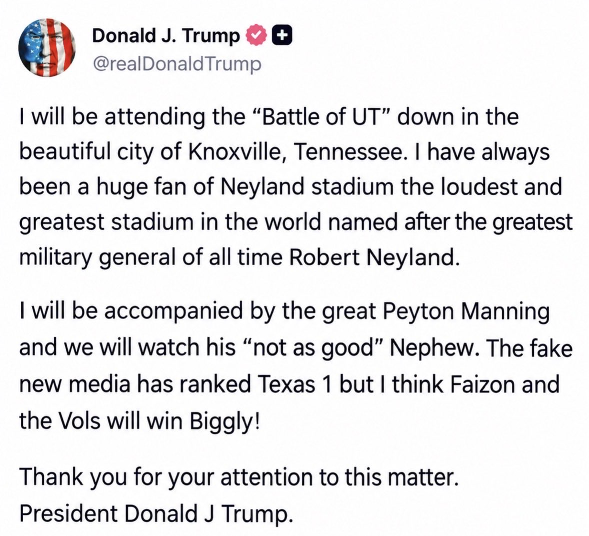 BasedVols's tweet photo. President Donald Trump via Truth social. https://t.co/XRJzyXUBTo