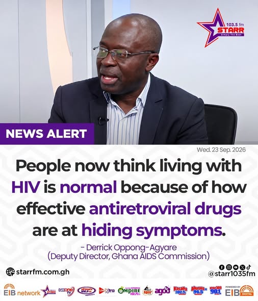 starr1035fm's tweet photo. People now think living with HIV is normal because of how effective antiretroviral drugs are at hiding symptoms... - Derrick Oppong-Agyare (Deputy Director, Ghana AIDS Commission)
#EIBNetwork #StarrFM
#StarrNews #NewsAlert https://t.co/v0KYS8KMgU