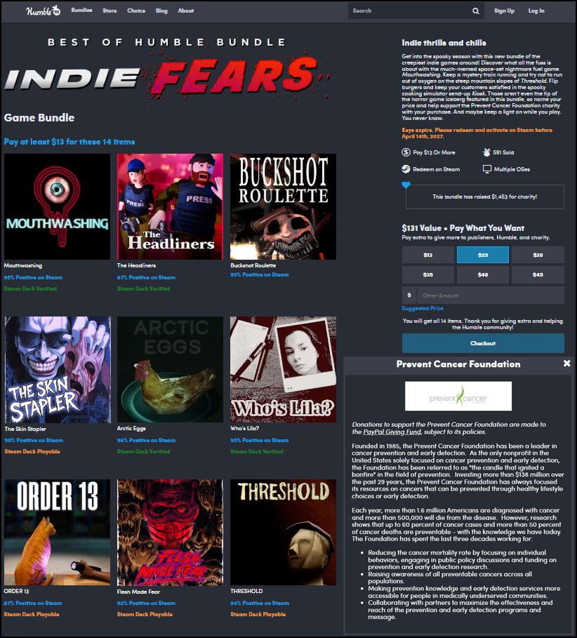 TaintedPact's tweet photo. Humble Bundle launched its Indie Fears charity bundle. It includes Skin Stapler and Flesh Made Fear, alongside bangers like Mouthwashing and Buckshot Roulette. Get some great indie horror games and help raise money to prevent cancer!
Link: ⬇️
https://t.co/1GWDB3k6BZ

Thanks
@AssembleTeam @humble
#indiegame #indiegamedev