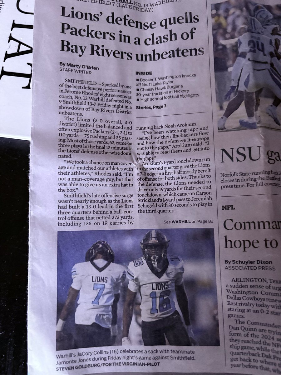 JaCoryCollins29's tweet photo. 📰 Blessed to be featured in the Virginia-Pilot!
Great team win Friday night. Proud to contribute with a sack and help our defense get the job done. Still learning, still working, and just getting started.

JaCory Collins | Class of 2030
6’0” | 186 lbs | DE/RB
Warhill High School
📸 Steven Goldburg / The Virginian-Pilot

#ClassOf2030 #WarhillFootball #VirginiaFootball #757Football #DefensiveEnd #FridayNightLights #Recruit2030