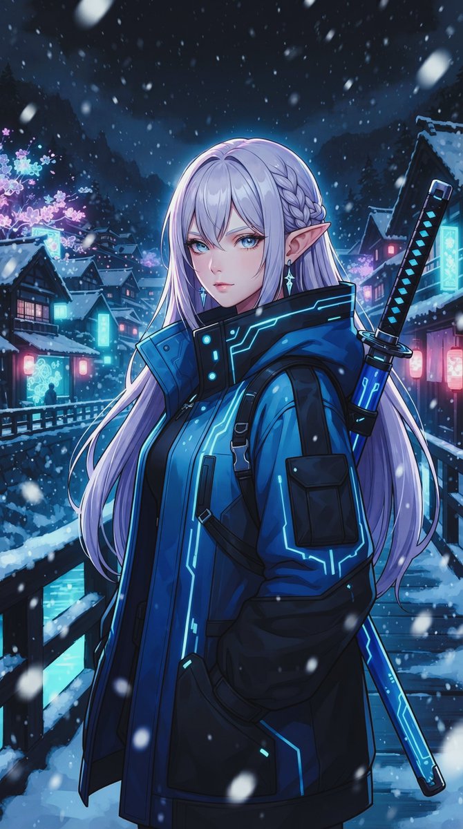 Nexev3's tweet photo. Tsaritsa in a cyberpunk winter village.❄️🤖Testing out a dark sci-fi aesthetic for her. What do you think of this alternative design? #GenshinImpact  #Cyberpunk https://t.co/MzsDrQpP8L