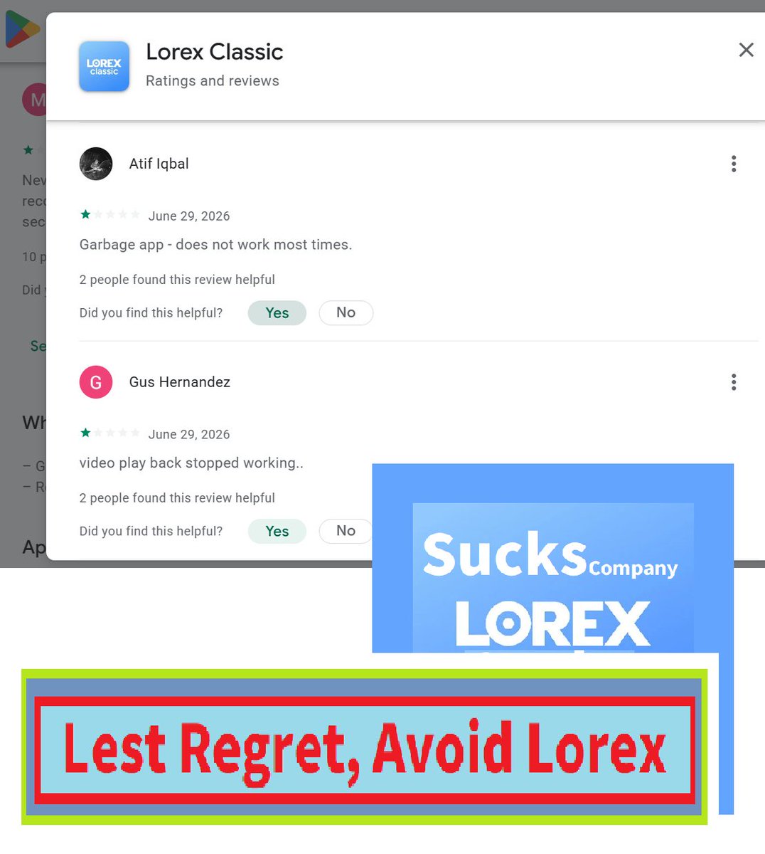 SysWrch's tweet photo. Avoid Lorex due to Bad product [GooglePlay]👎{Larry Watts 22 June 2026 Stopped working and now cannot connect to the camera. Hotspot name is not the same as the one given by the app and wants a pas ... vice.}🤦‍(In Short=>Sucks quality of Lorex-China)296. 2.404 https://t.co/rgodsO83E8