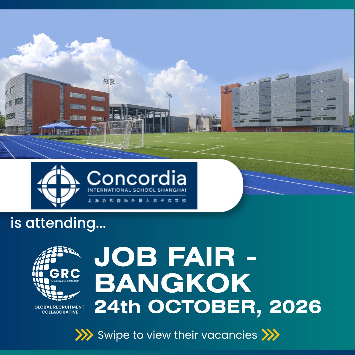 GrcFair's tweet photo. Shanghai is calling! and Concordia International School Shanghai is hiring.

We’re excited to have them join our Bangkok Job Fair, bringing a fantastic range of teaching, counselling, leadership and specialist opportunities to the table.

https://t.co/kG9DJru76L https://t.co/4SHuJSy6H9