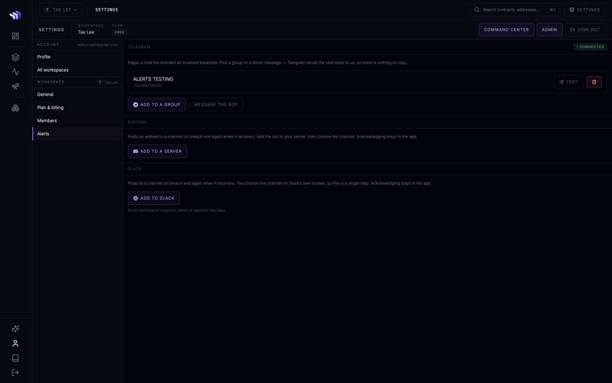 contractdotdev's tweet photo. Alerts in Telegram, Discord and Slack.

You can now invite our bots to your own channels, groupchats and servers to receive alerts.

* Warning: ETH buffer has fallen below 30,000 ETH (now 29,410 ETH).
 
Each message links to the tx behind the change.
  
https://t.co/2y531cY8X9 https://t.co/iEi8cUev4E
