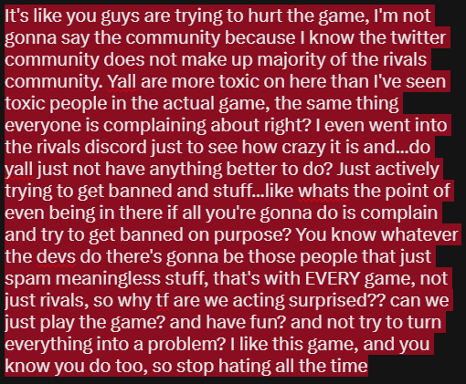 SnoopLoopArt's tweet photo. after today I came to a conclusion, 90% of people on here complaining about rivals don't care about it LOL, because they are just looking through EVERYTHING to make the game look bad and say every word that will get people on their side. Yall need to stop overreacting and relax. https://t.co/CWGbQ4uRyp