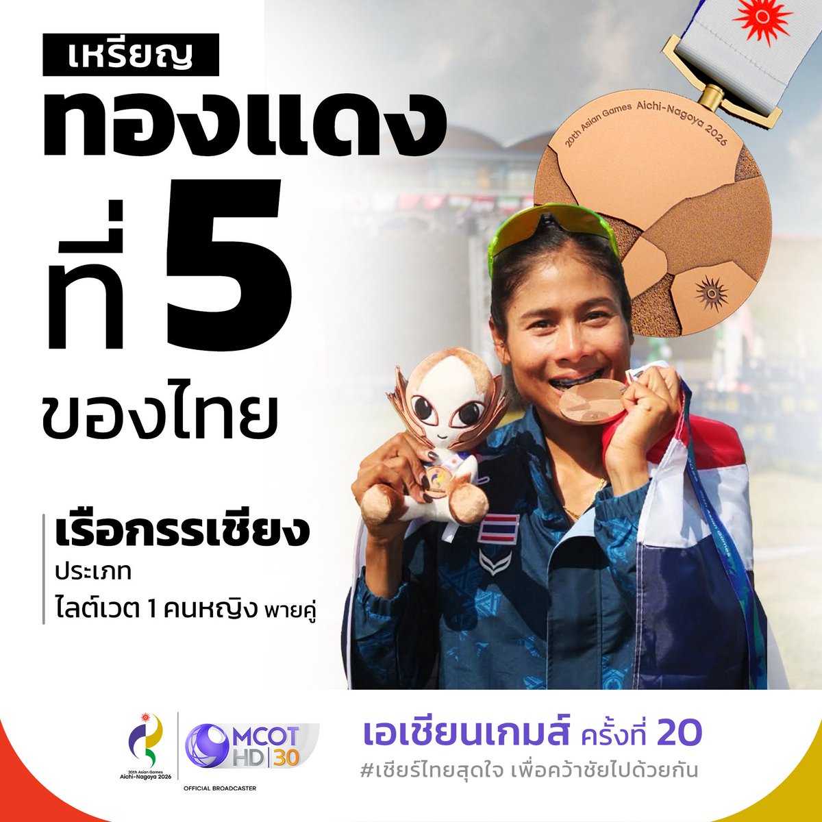 9_mcot's tweet photo. ขอแสดงความยินดีกับ "ติ๊ก" ปาริษา แช่มพุดซา นักกีฬาเรือกรรเชียงทีมชาติไทย ที่คว้าเหรียญทองแดง 🥉🇹🇭 ประเภทไลต์เวต 1 คนหญิง พายคู่ ในมหกรรมกีฬาเอเชียนเกมส์ ครั้งที่ 20 ไอจิ-นาโกย่า 2026

#เชียร์ไทยสุดใจเพื่อคว้าชัยไปด้วยกัน #เอเชียนเกมส์2026 #AsianGames2026 #AichiNagoya2026 https://t.co/Sq5GnUFHDC
