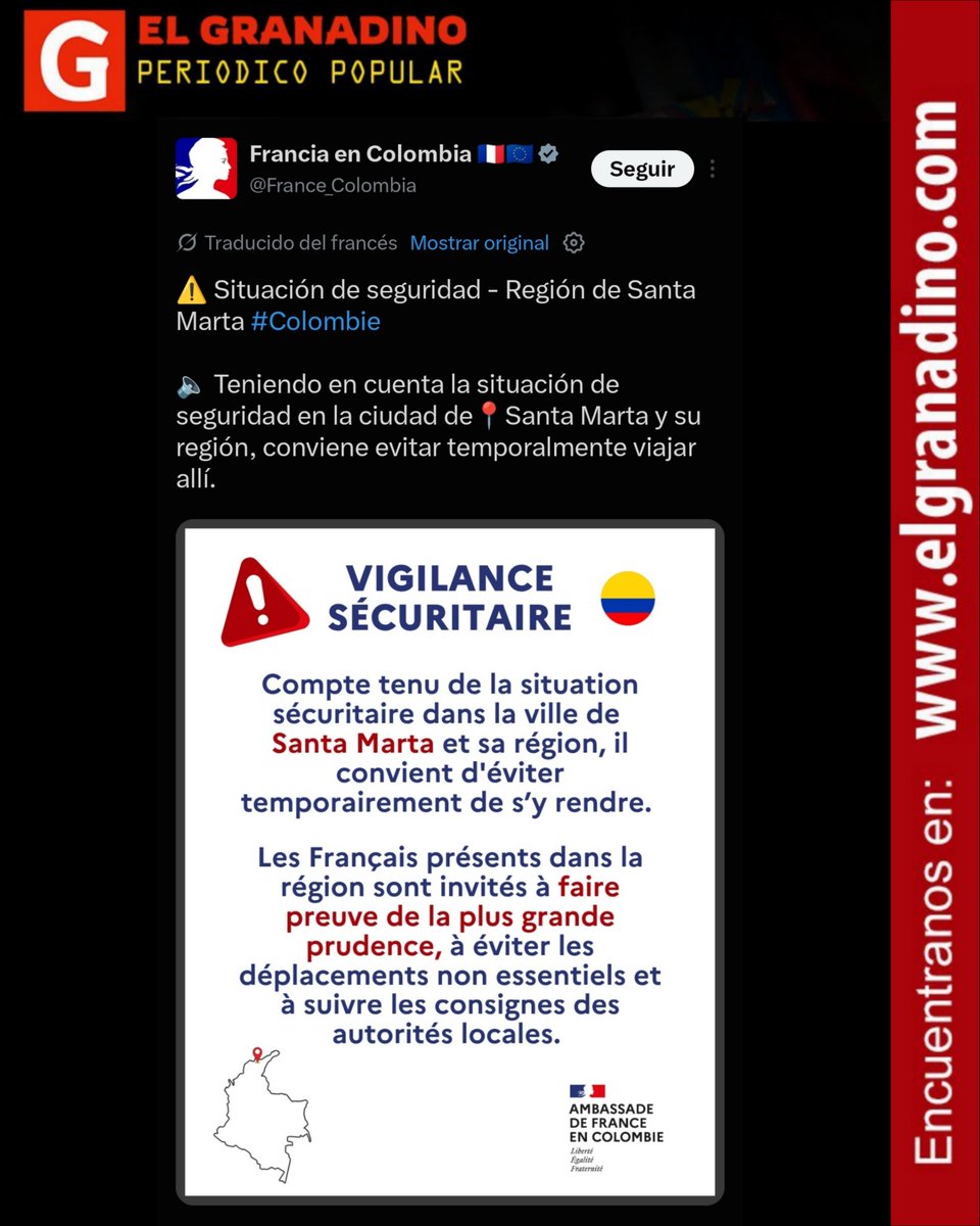 elgranadino_'s tweet photo. #ATENCIÓN | Los gobiernos de Estados Unidos y Francia emitieron avisos de seguridad para sus ciudadanos ante el paro armado de 72 horas decretado por las Autodefensas Conquistadoras de la Sierra en Santa Marta. Según la Embajada de EE. UU., el grupo ilegal anunció un bloqueo armado al transporte, el cierre de actividades civiles y un toque de queda absoluto que regiría hasta el mediodía del viernes. La representación diplomática estadounidense recomendó a sus connacionales monitorear fuentes oficiales y estar atentos al estado de las vías, pues algunos desplazamientos podrían quedar restringidos o representar riesgo.

Por su parte, la Embajada de Francia en Colombia llamó a evitar viajes no esenciales a la ciudad y su región mientras se mantenga la situación de seguridad, e instó a sus ciudadanos que ya se encuentran en la zona a extremar precauciones y seguir las indicaciones de las autoridades locales. Ambas misiones diplomáticas coincidieron en advertir sobre la volatilidad del orden público en el Magdalena tras el anuncio del grupo armado.

#Noticias #SantaMarta #AbelardoDeLaEspriella