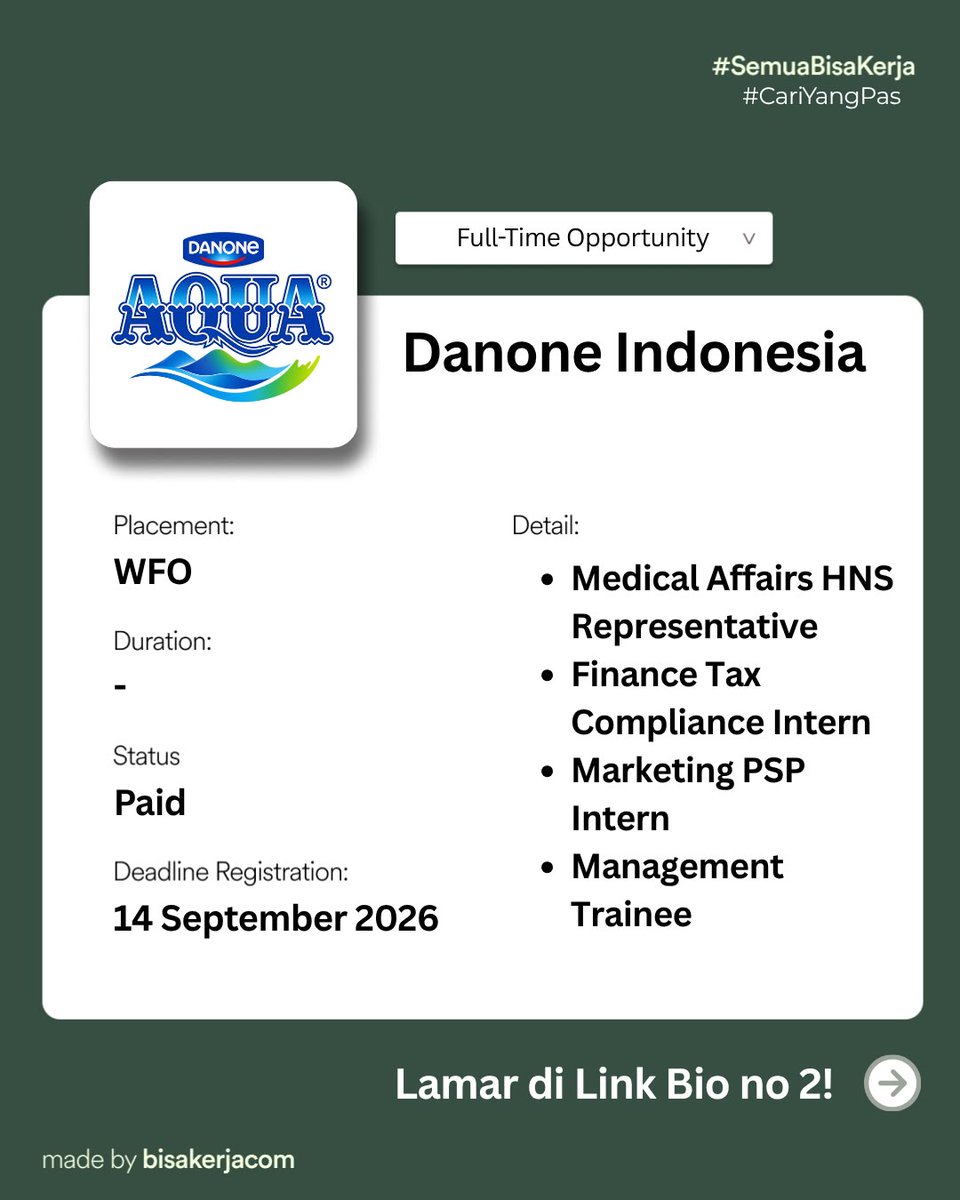 bisakerja_id's tweet photo. #LowonganKerja

Danone (AQUA), UltraMilk, Adira Finance sampai Hero Retail lagi buka lowongan.

Detail job desc dan pendaftaran bisa melalui https://t.co/VOe5NVgZLR

Tinggal search nama company, apply, beres! https://t.co/wWpl8d0bEV
