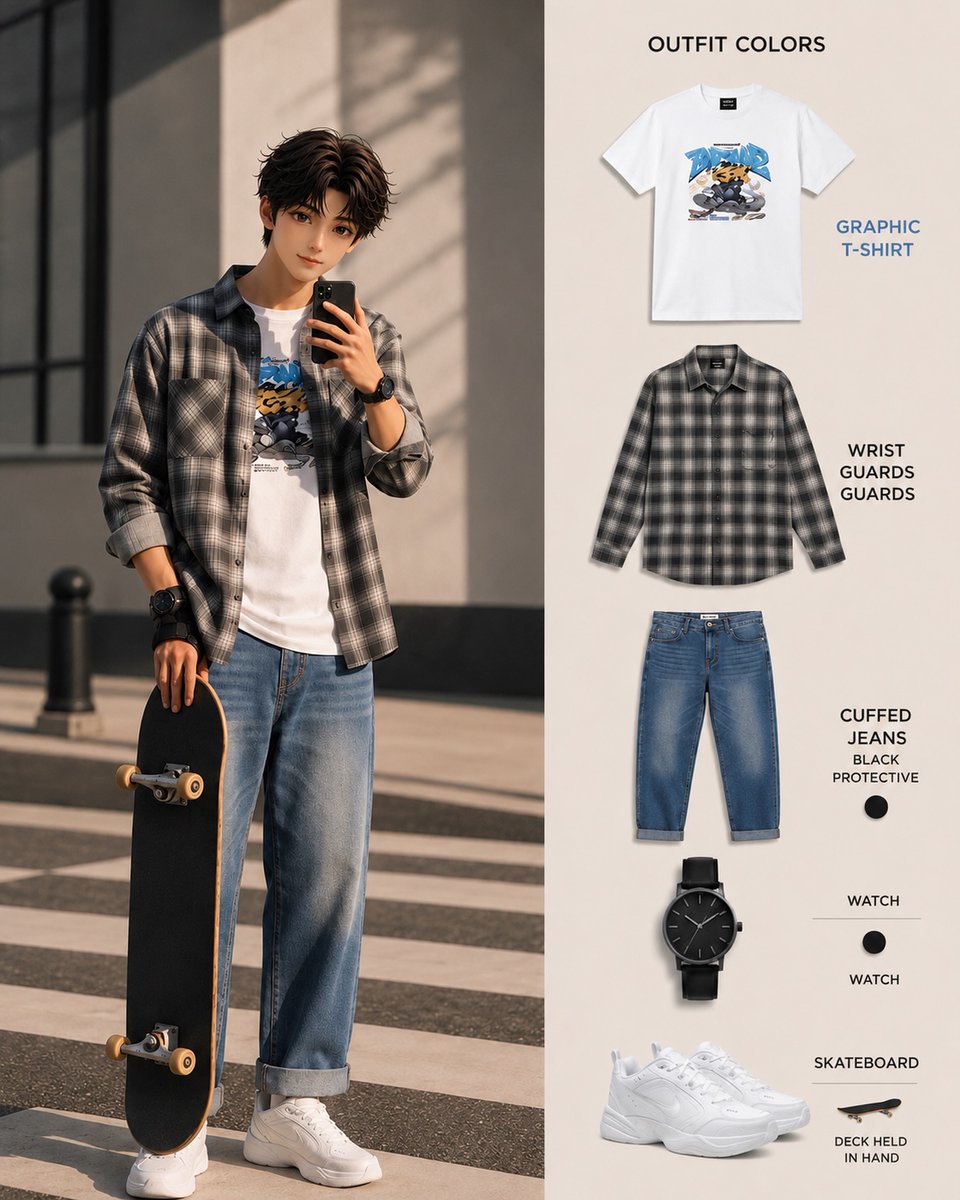 Kevo8Sweet's tweet photo. Street style meets skate culture: a classic flannel, graphic tee, cuffed jeans, wrist guards, white sneakers, and a black deck in hand. Casual, clean, and ready to roll. https://t.co/BcrW1YW1lK