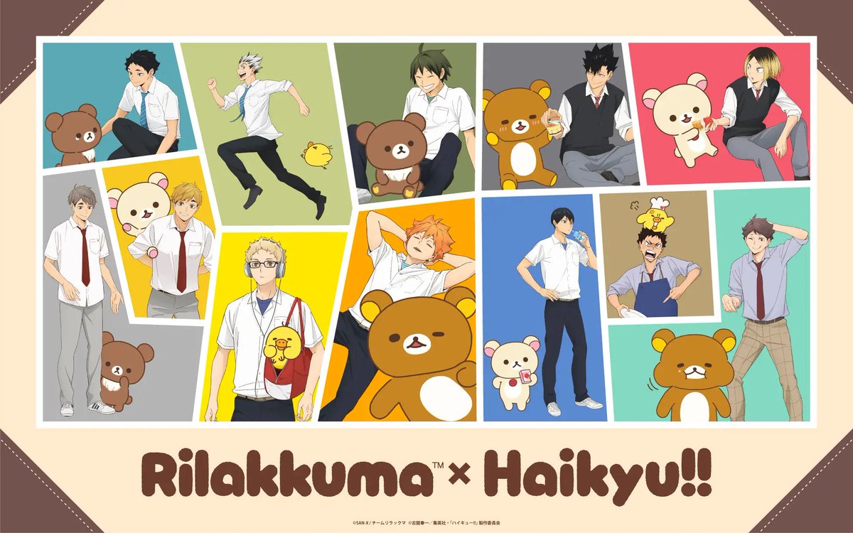 haikyu_a's tweet photo. 『リラックマ』×『ハイキュー!!』スペシャルコラボ！

コラボビジュアルを使用したグッズやくじ、カード付きソフトクッキーなどを展開🏐✨
 
POP UP STOREは11/20(金)より全国5都市で順次開催！

カードソフトクッキーは本日9/24(木)13時より先行予約開始！
 
https://t.co/KXoJsmHA2G https://t.co/YeLUtq1Lx4