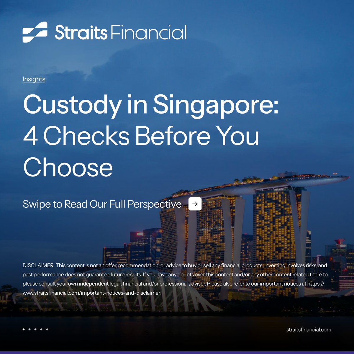 StraitsFinance's tweet photo. Before choosing a custody provider, verify the exact legal entity, check its regulatory status and regulatory scope, and understand how client assets are held.

Swipe through 4 key checks to help you assess a custody arrangement.
#Custody #MAS #InvestorEducation

DISCLAIMER: This content is not an offer, recommendation, or advice to buy or sell any financial products. Investing involves risks, and past performance does not guarantee future results. If you have any doubts over this content and/or any other content related thereto, please consult your own independent legal, financial and/or professional adviser. Please also refer to our important notices at https://t.co/JuixMJY7en.