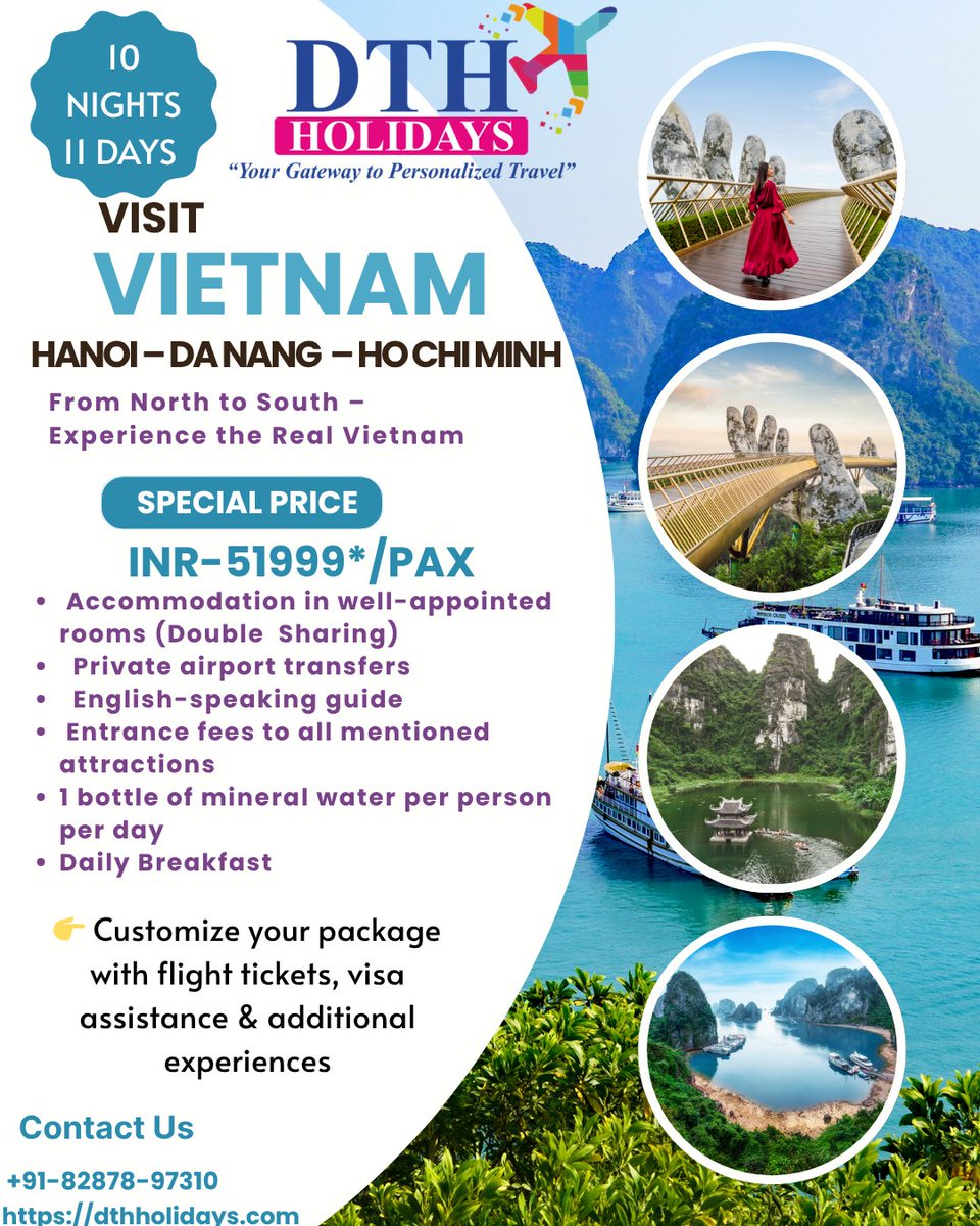 JennieCoraas's tweet photo. VIETNAM @ ₹51, 999 😍✈️

Explore Vietnam from North to South 🇻🇳
📍 Hanoi 🏙️ | Da Nang 🌉 | Ho Chi Minh 🌆

✨ Includes
✔️ Hotel Stay + Breakfast
✔️ Transfers + Sightseeing
✔️ Guided Tours

🗓️ 10 Nights / 11 Days
💰 Starting @ ₹51, 999 / person https://t.co/NBdaIR7SMH